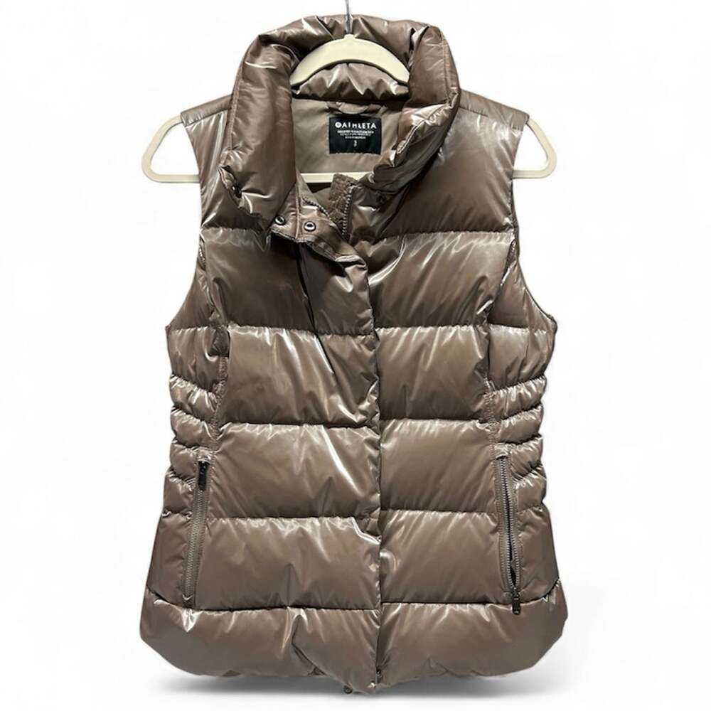 Athleta Downtown Puffer Vest Pyrite Shine Metallic Zip Button Womens Size Small